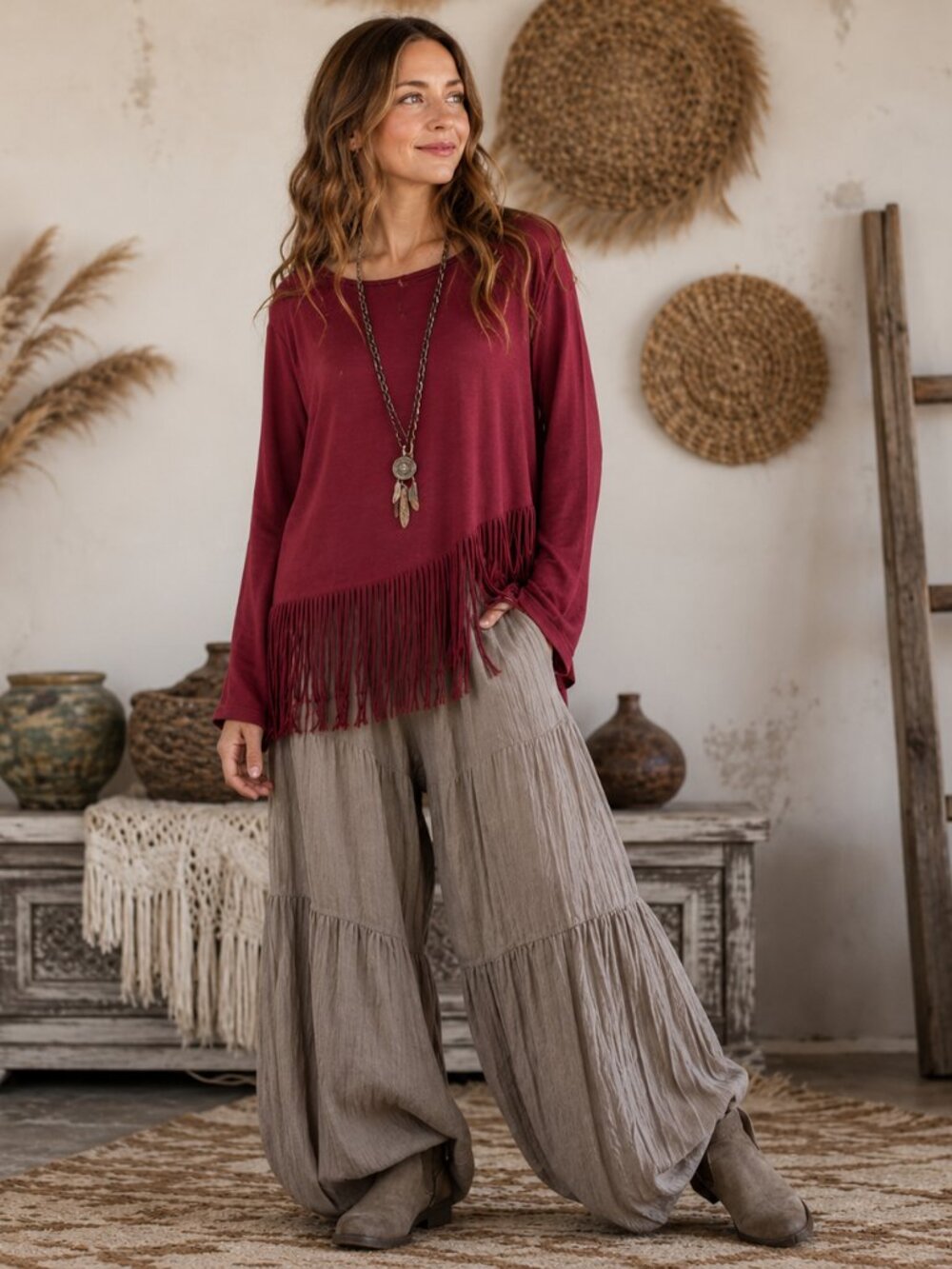 Piko 1988 Bamboo Fringe Tunic Womens S Red Oversized Boho Lagenlook Festival